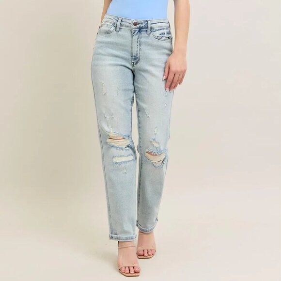 Judy Blue Full Size Mr Repair Stitch Detail Destroy Single Cuff Bf Jeans Plus - Picture 1 of 11